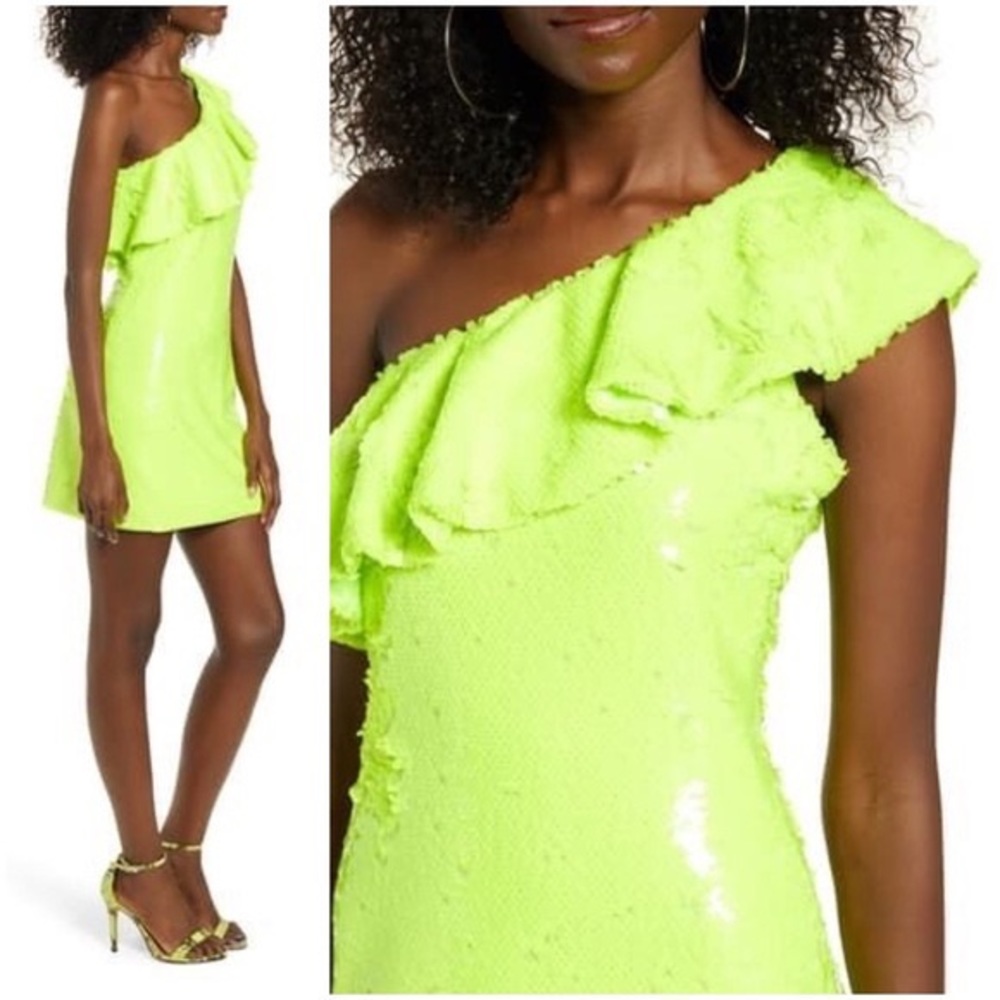 Leith Neon Yellow Ruffle One Shoulder Sequin Party Dress NWT